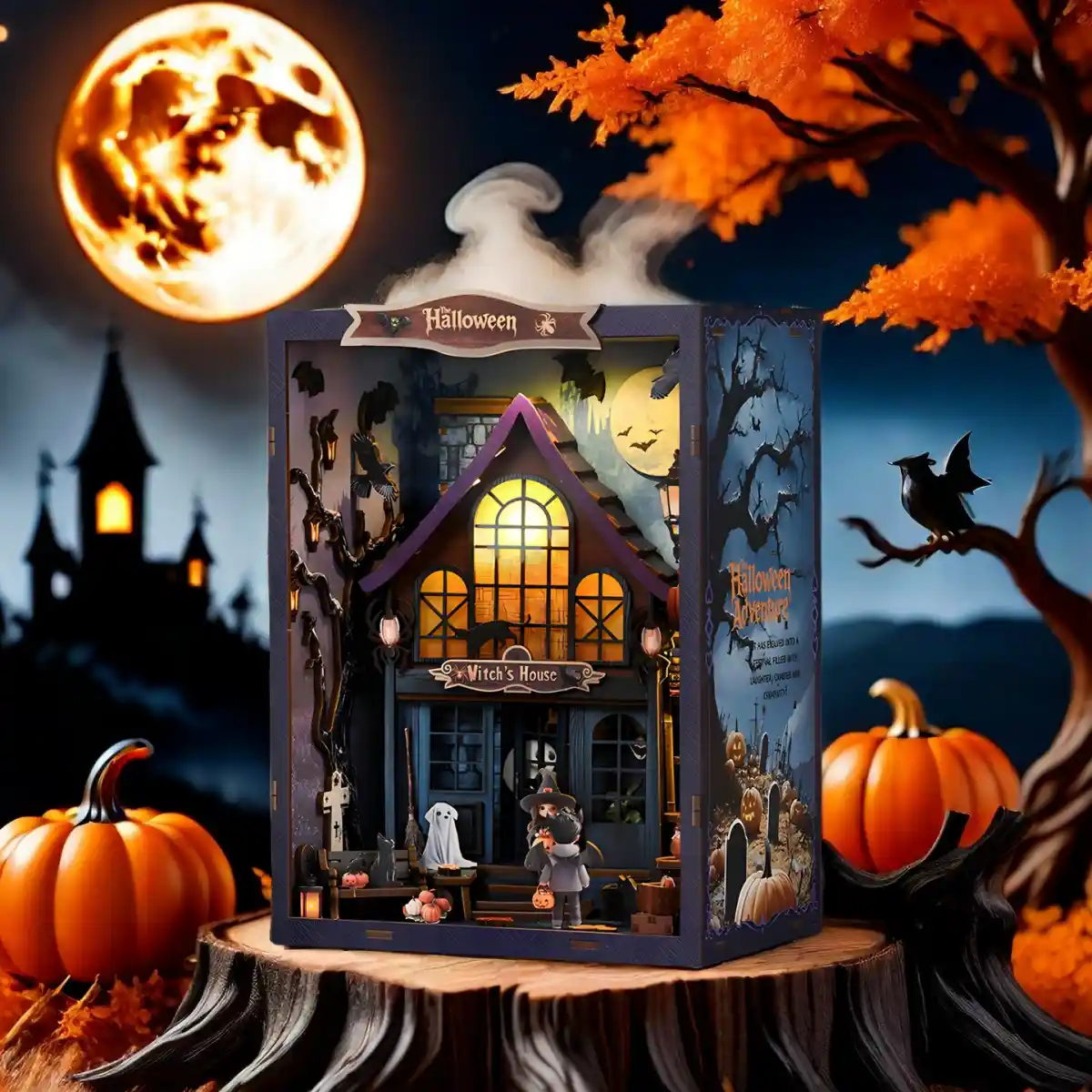 The Halloween book nook kit on a tree stump, with a large, glowing full moon, pumpkins, and a haunted castle in the background.