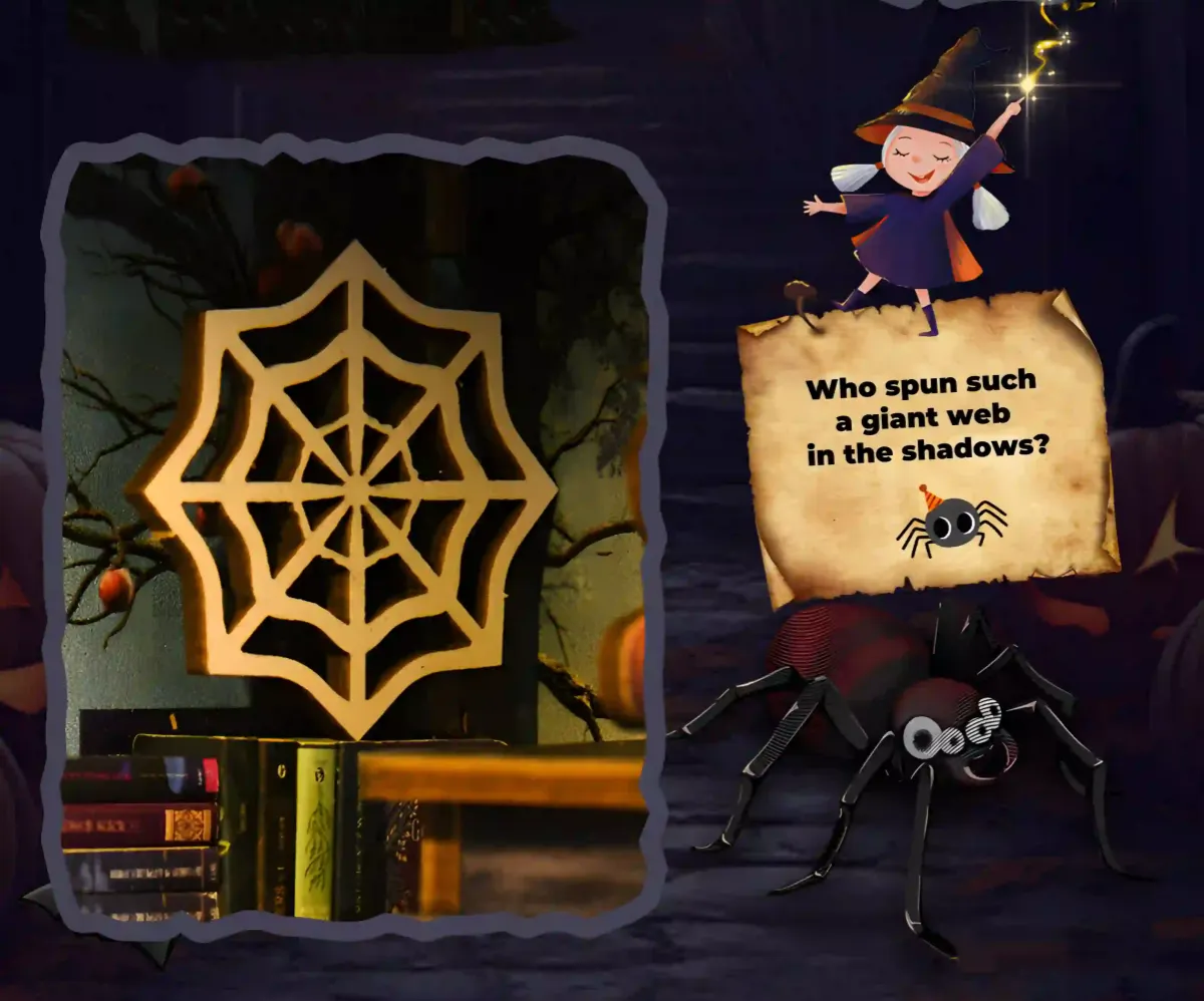 Detail shot of the book nook showing a large, illuminated spiderweb decoration on a shelf.