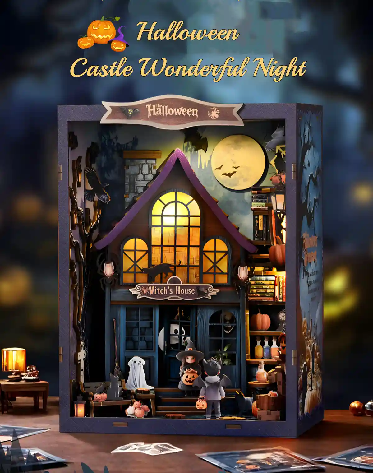 A fully assembled DIY book nook kit for Halloween, featuring a witch's house, a bright full moon, and glowing pumpkins.