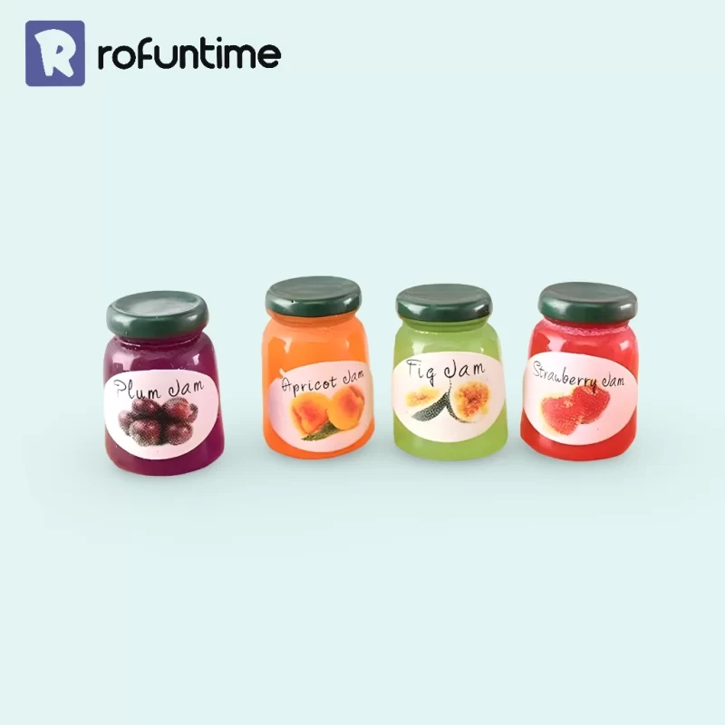 Rofuntime miniature jam jars set: plum, apricot, fig, and strawberry jam jars.