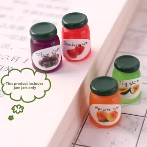 Dollhouse jam jars set, including plum, strawberry, fig, apricot jam jar miniatures.