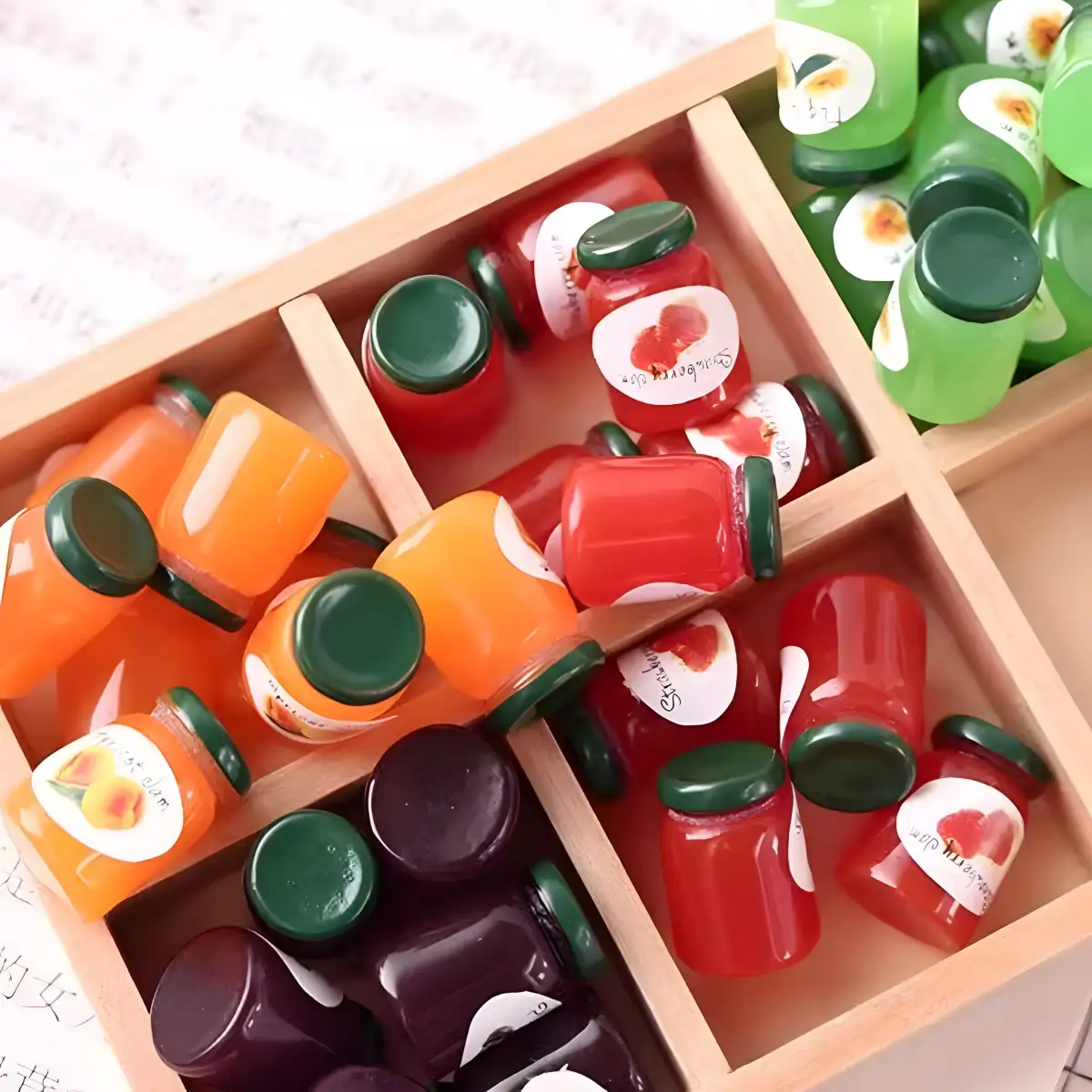Bulk resin jam jar miniatures sorted in a wooden box, featuring various colors.