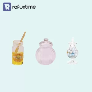 Rofuntime Mini Candy Jar set, including a miniature honey pot, a clear candy container, and a dollhouse candy jar filled with tiny candy.