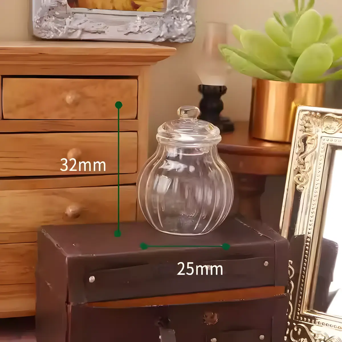 Mini candy jar dimensions, 32mm height, 25mm width, miniature candy container.