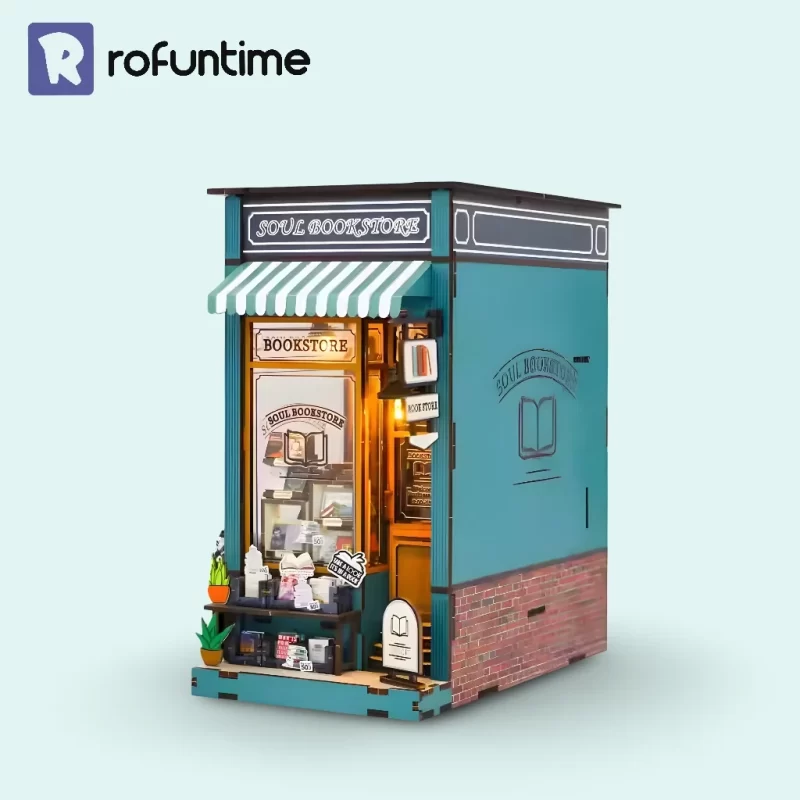 A full view of the Soul Bookstore book nook, a completed miniature bookstore.