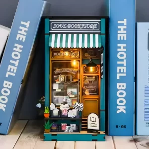 Bookshelf insert, Soul Bookstore book nook, displayed between large books.