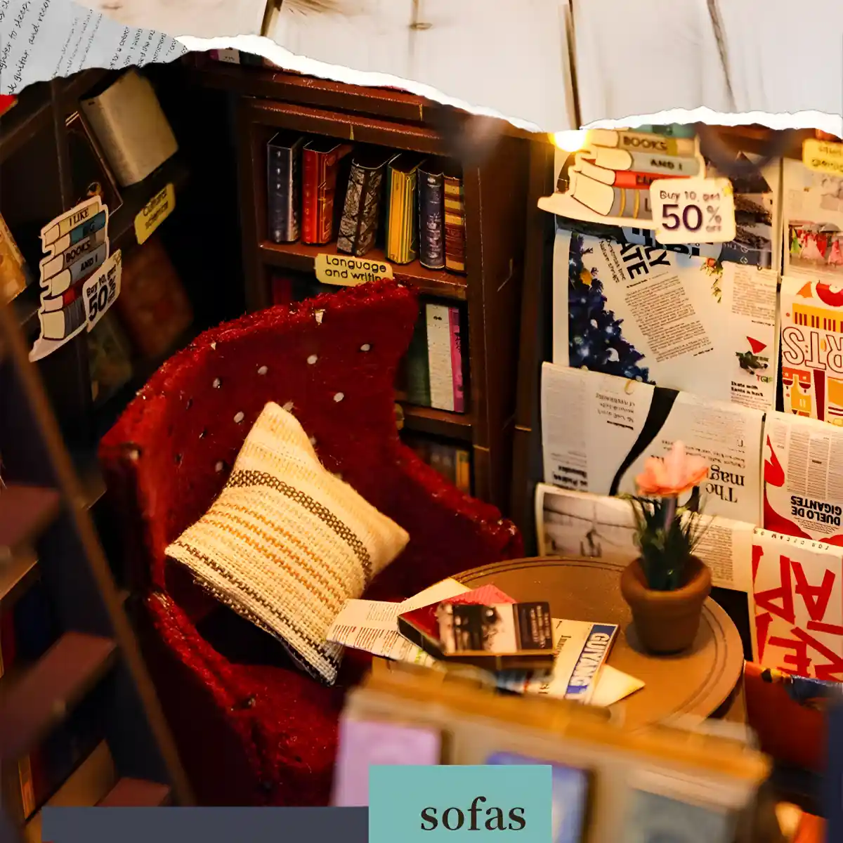 Reading nook craft, cozy bookshelf insert, miniature red sofa, books.