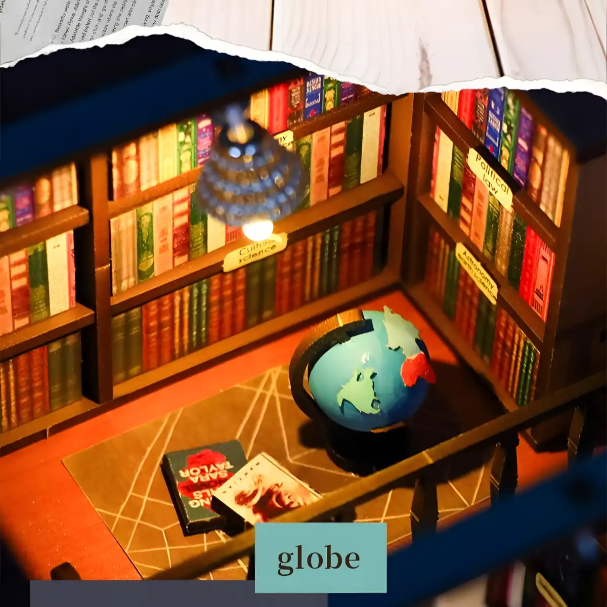 Soul Bookstore DIY book nook kit, miniature bookstore diorama with a globe.