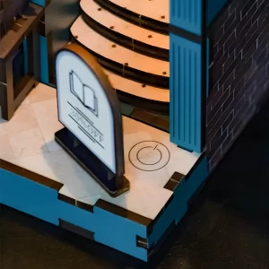 Soul Bookstore book nook entrance detail, miniature sign and base.