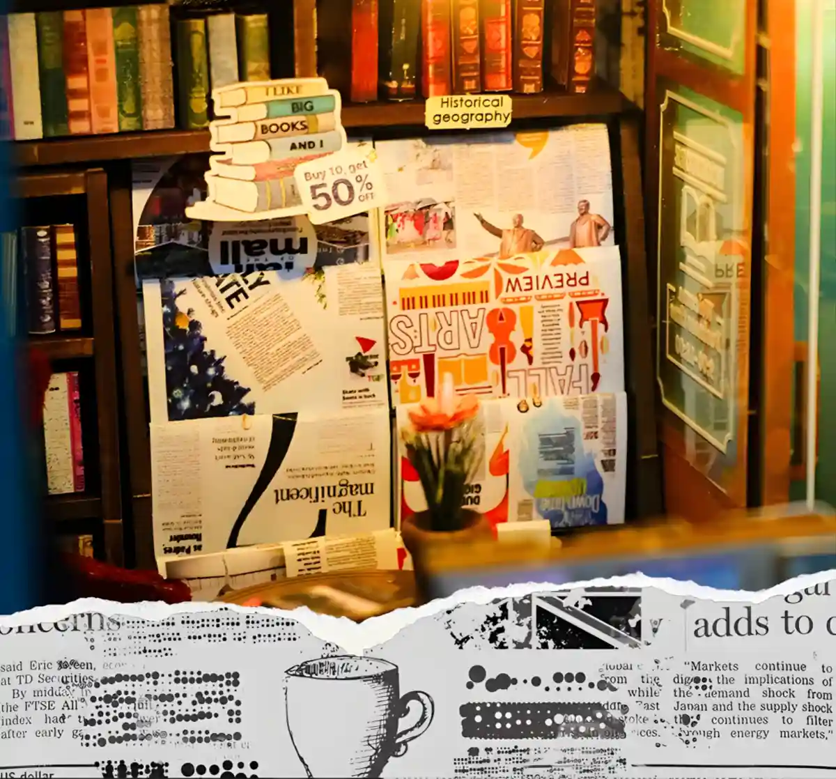 Detailed miniature bookstore shelves, bookshelf insert, vintage book pages.