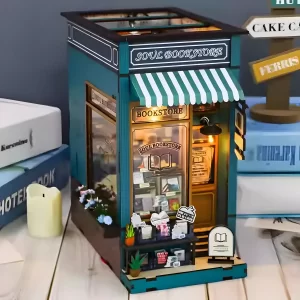 Soul Bookstore DIY kit, a detailed miniature bookstore side view.