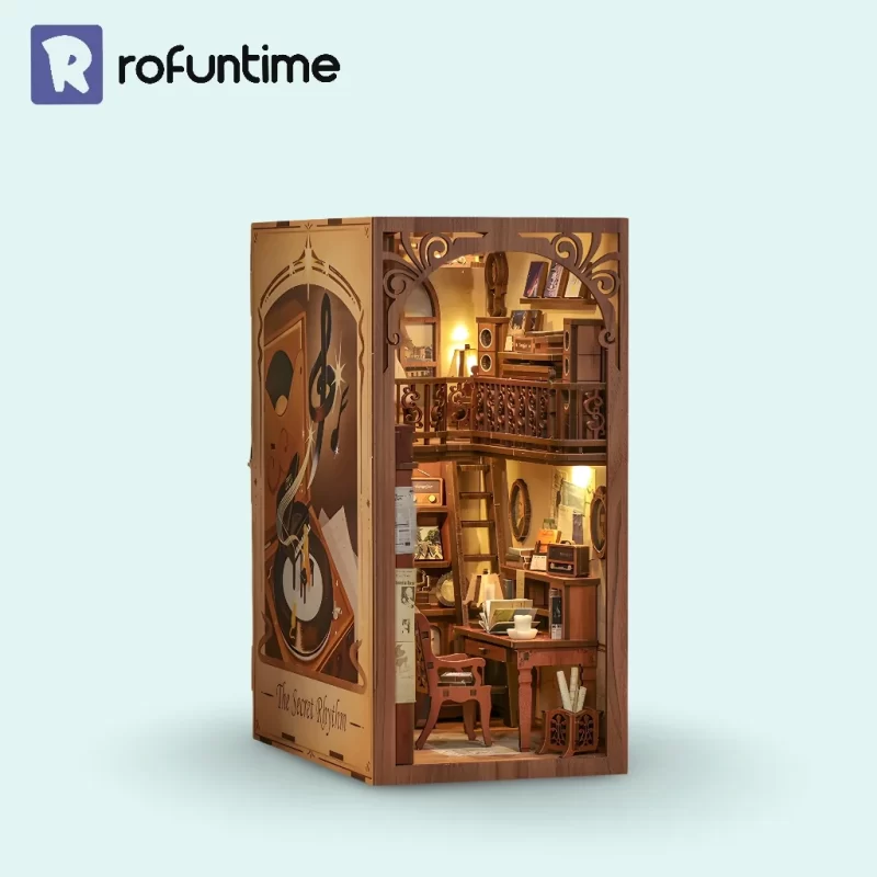 Rofuntime's The Secret Rhythm book nook, an illuminated bookshelf insert with a musical theme.