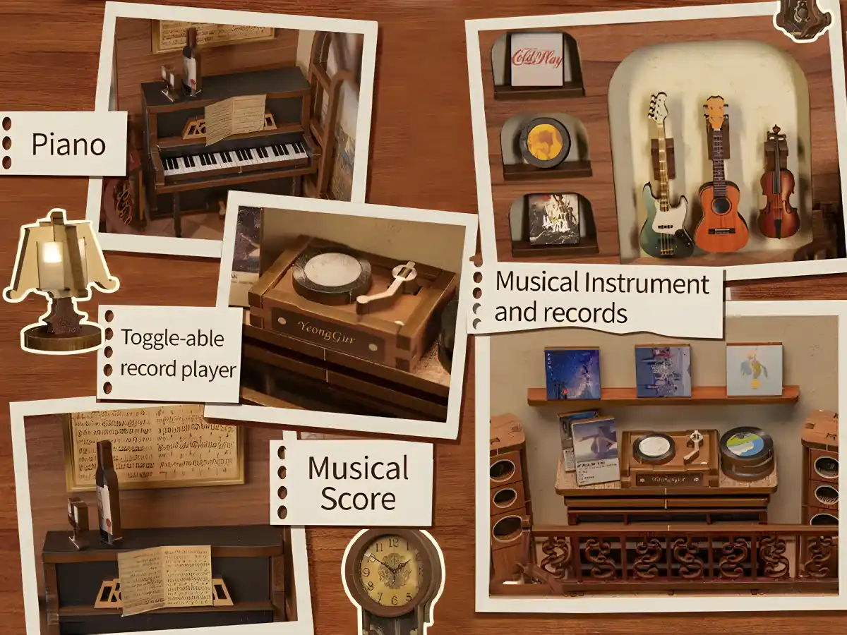 The Secret Rhythm book nook with miniature grand piano, a toggle-able record player, guitars, and a violin.