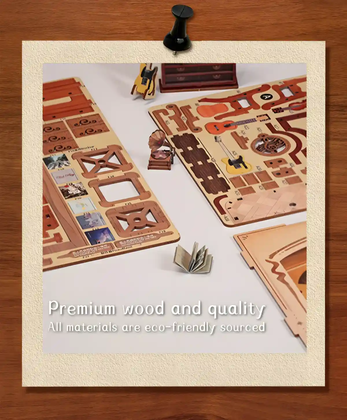 The Secret Rhythm book nook kit accessories: wooden sheets for a handcrafted miniature, record player, and other furniture.