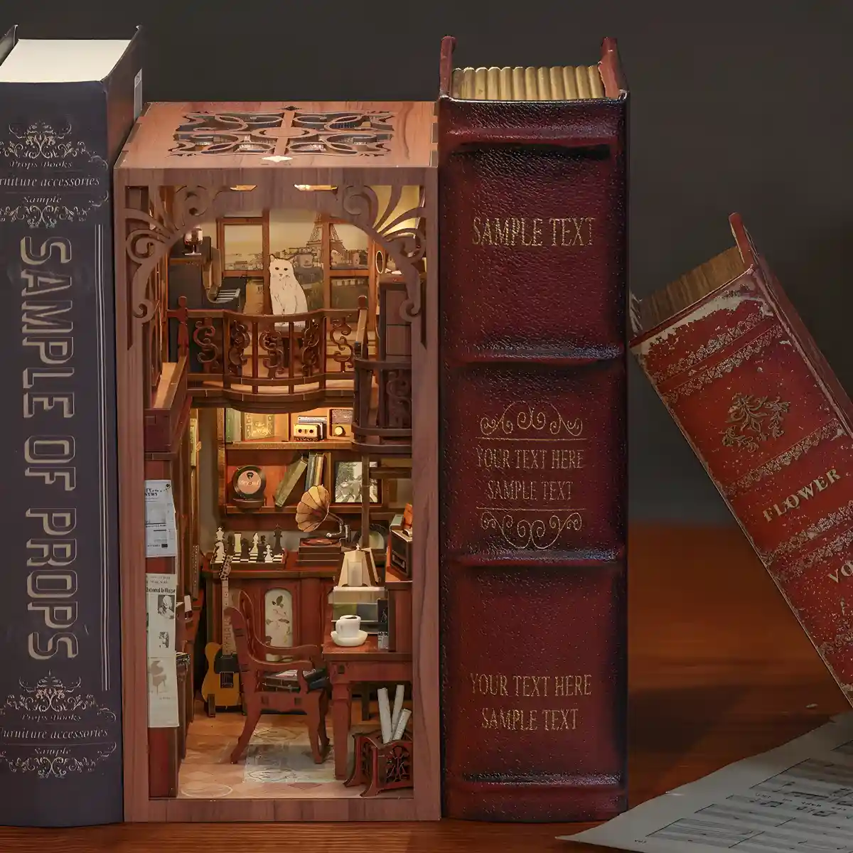 The Secret Rhythm book nook displayed as a bookshelf insert between two large books.