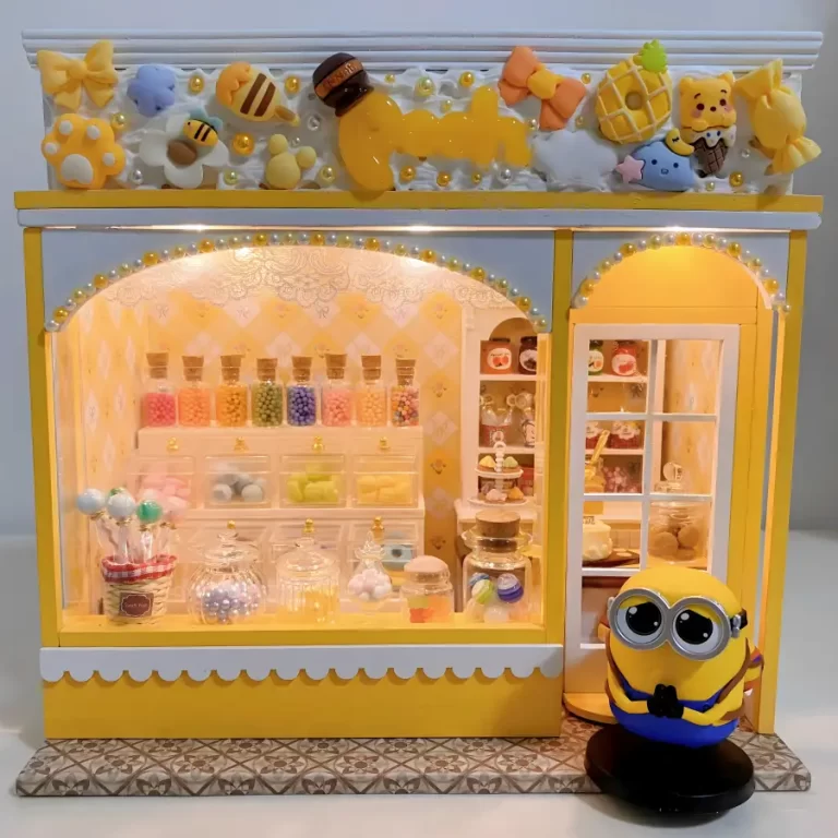 Final DIY miniature dollhouse makeover, The Sweet House kit, lighted facade, Minion theme, candy house DIY transformation.