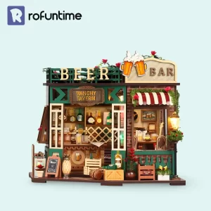 Rofuntime-Vanchy Tavern Miniature House on blue background, a complete and detailed retro tavern model with lights.