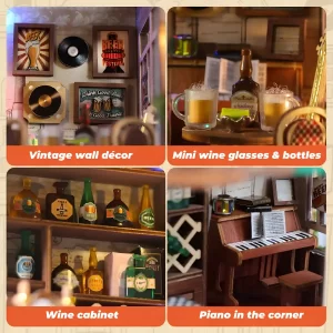 Collage of Tavern Miniature House details: piano, wine cabinet miniature, tiny bottles, and vintage wall decor.