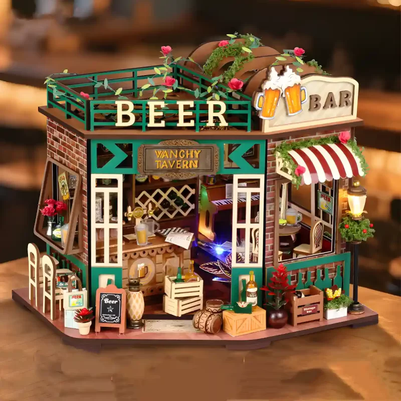 Tavern Miniature House on a desktop, a fully assembled retro tavern model with lights and charming details.