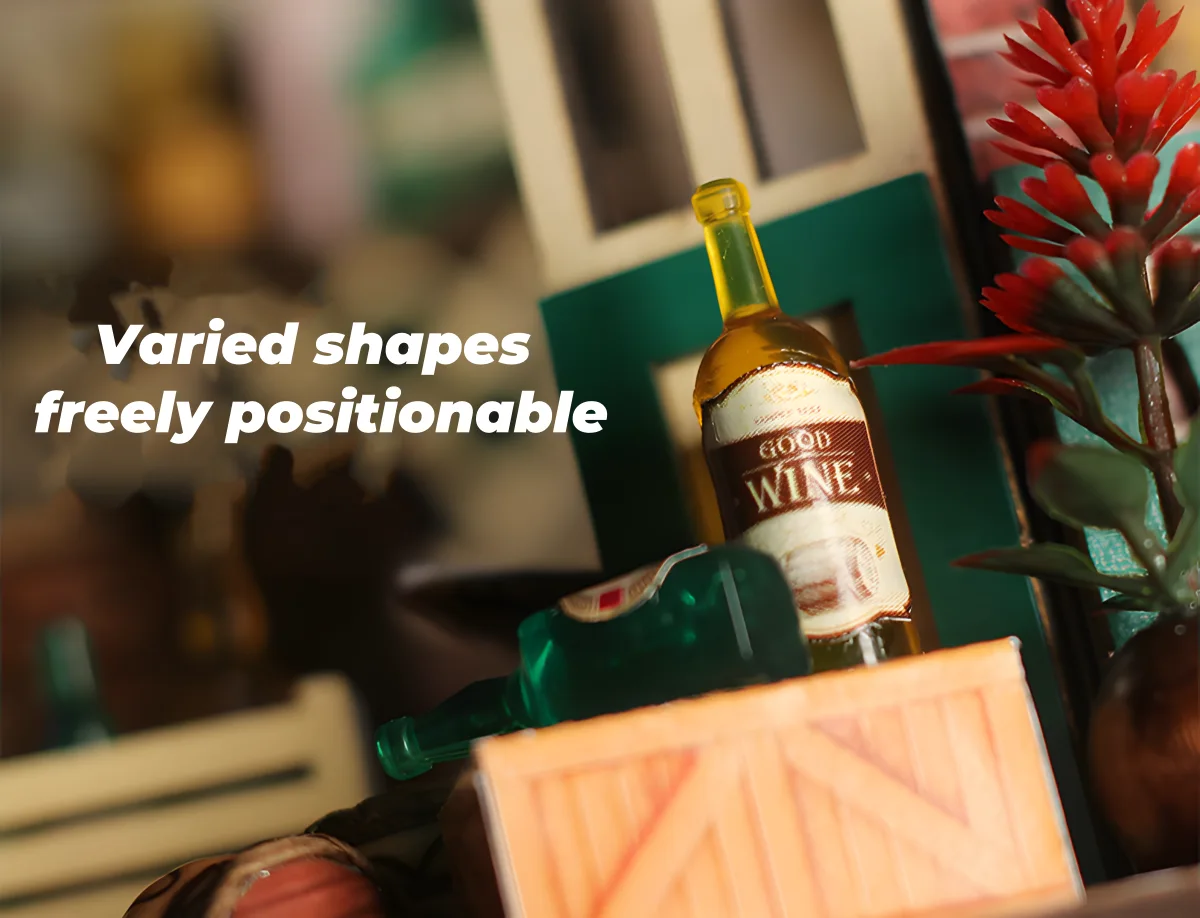 Close-up of Tavern Miniature House's tiny, varied wine bottle props, a detail from the DIY craft kit.