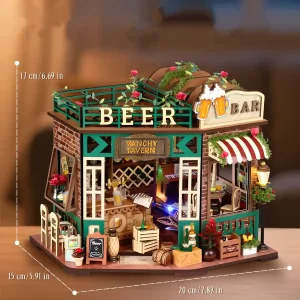 Vanchy Tavern Miniature House with dimensions labeled, a compact DIY craft kit for a miniature world display.