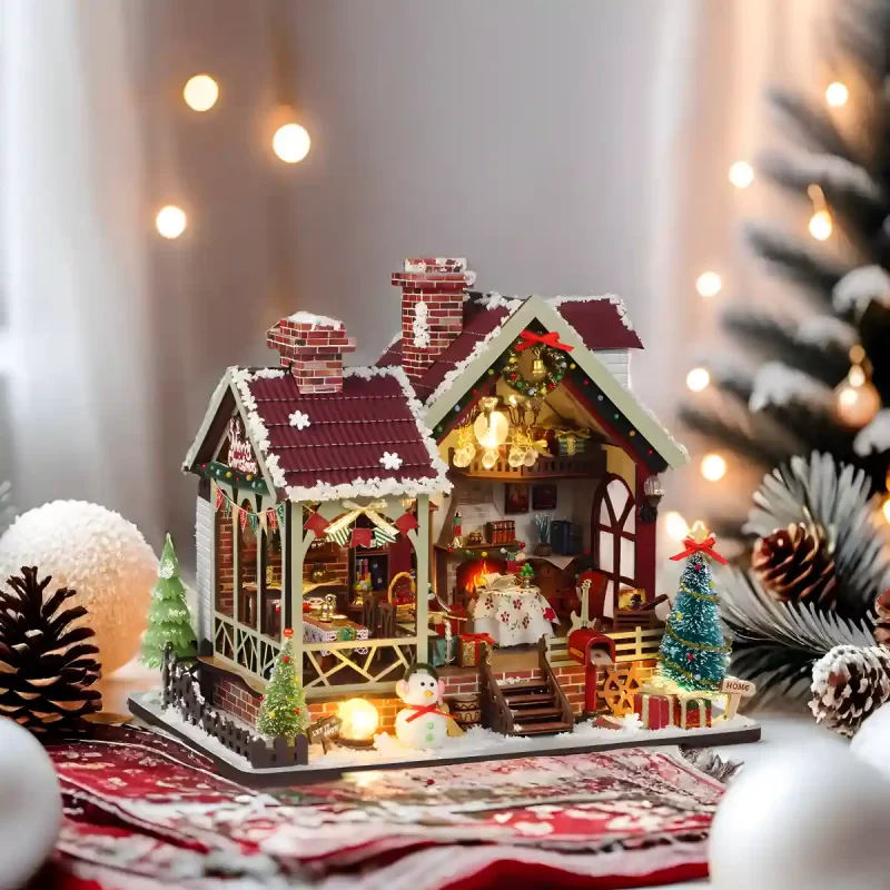 Warm Christmas Lodge Miniature House, a cozy holiday craft.