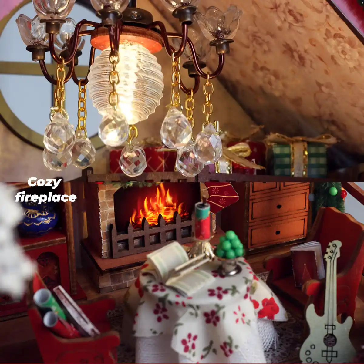 A miniature world with a glowing fireplace and crystal chandelier.