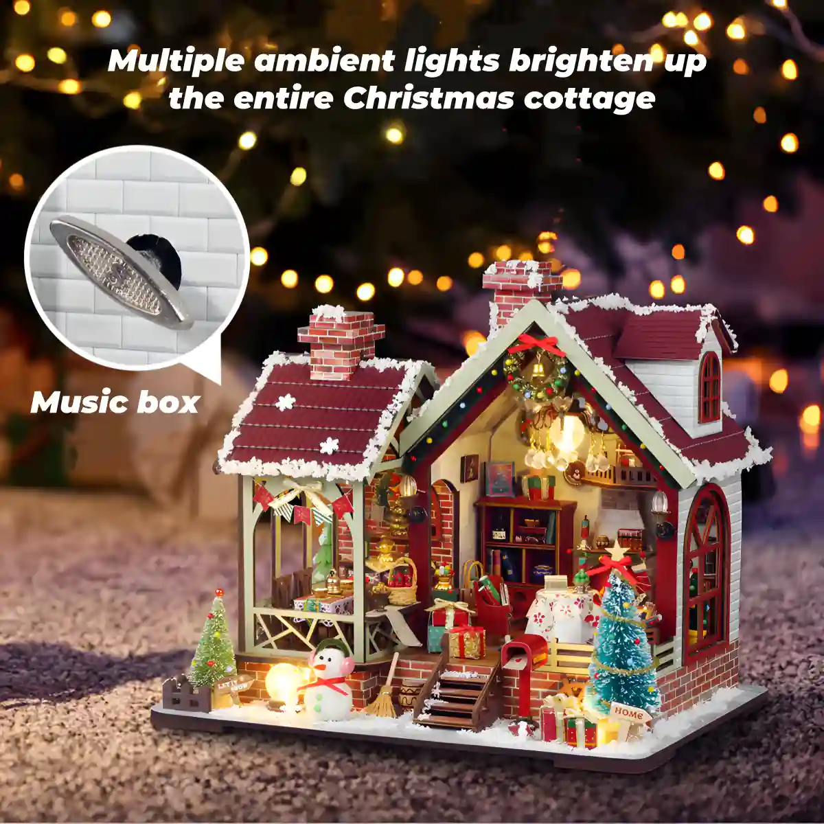 Festive miniature house with music box, perfect for family activity.