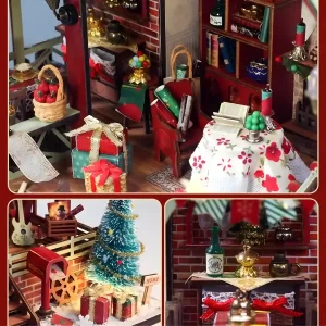 Close-up details of the Christmas Miniature House, showing gifts, a red mailbox, and interior furniture.