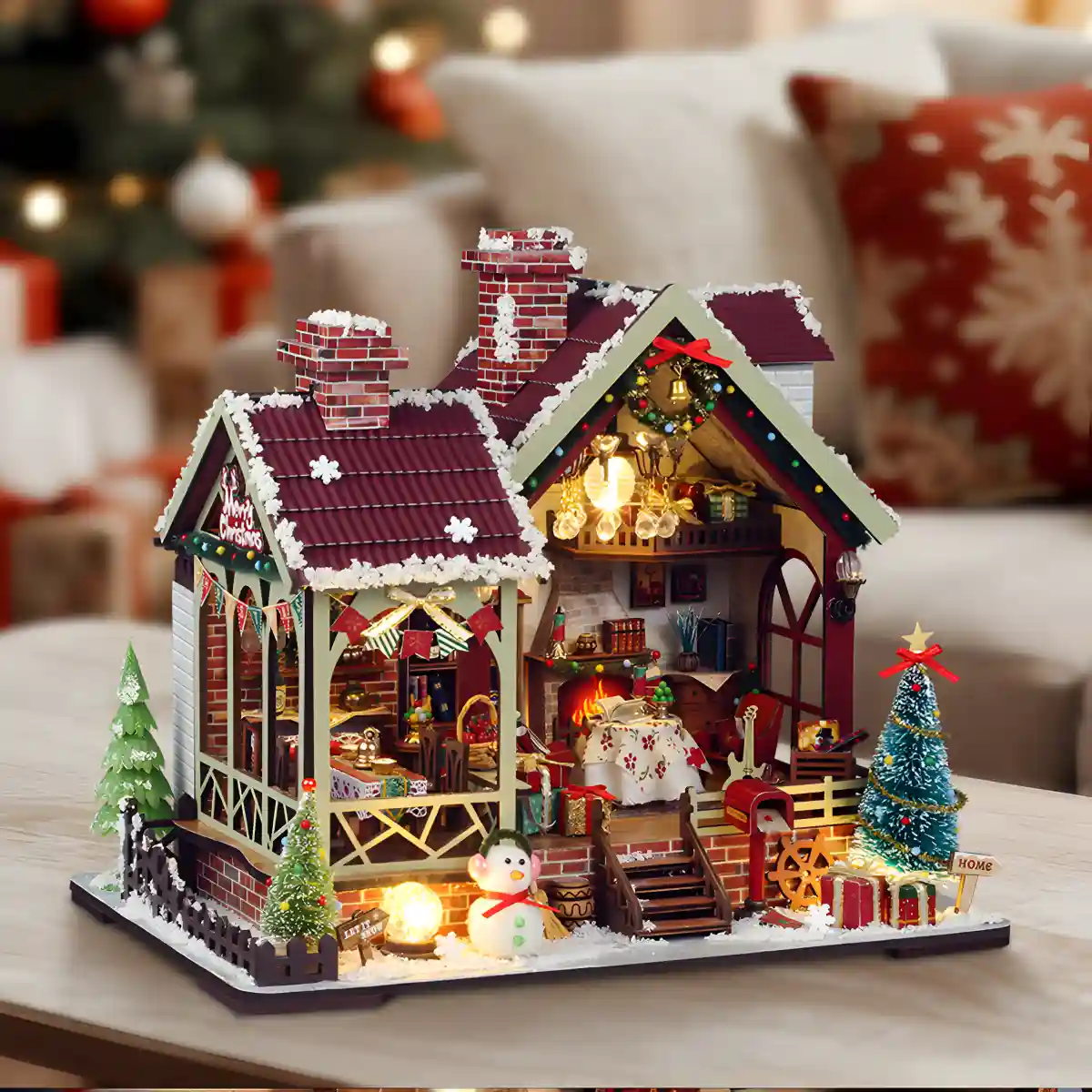 Warm Christmas Lodge Miniature House, a festive DIY kit with a snowy scene.