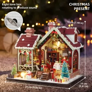 Rofuntime Warm Christmas Lodge Miniature House, showing its size and a rotating music box.