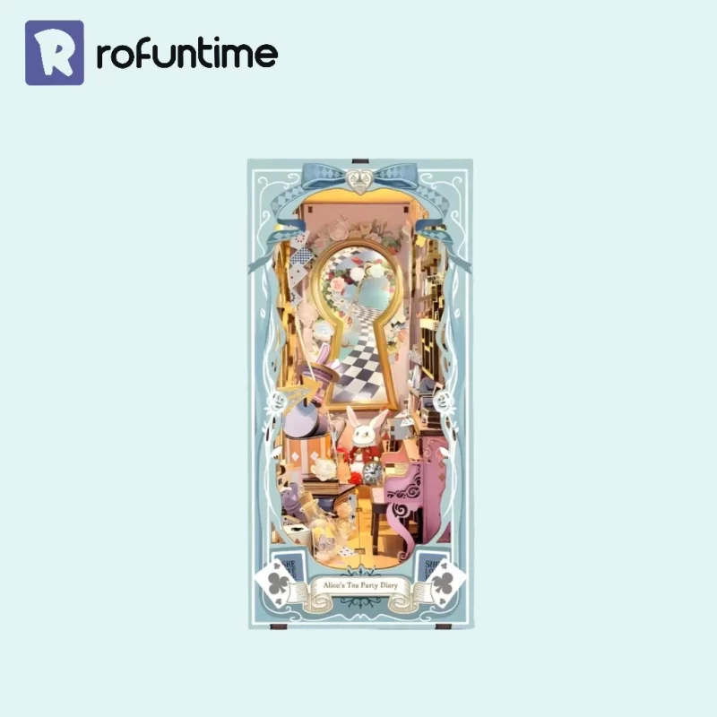 Alice's Tea Party Diary front view, keyhole gateway to Wonderland, fairytale book nook.