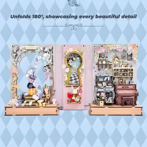 Book nook kit unfolds 180 degrees, three detailed scenes, Alice's Tea Party Diary.