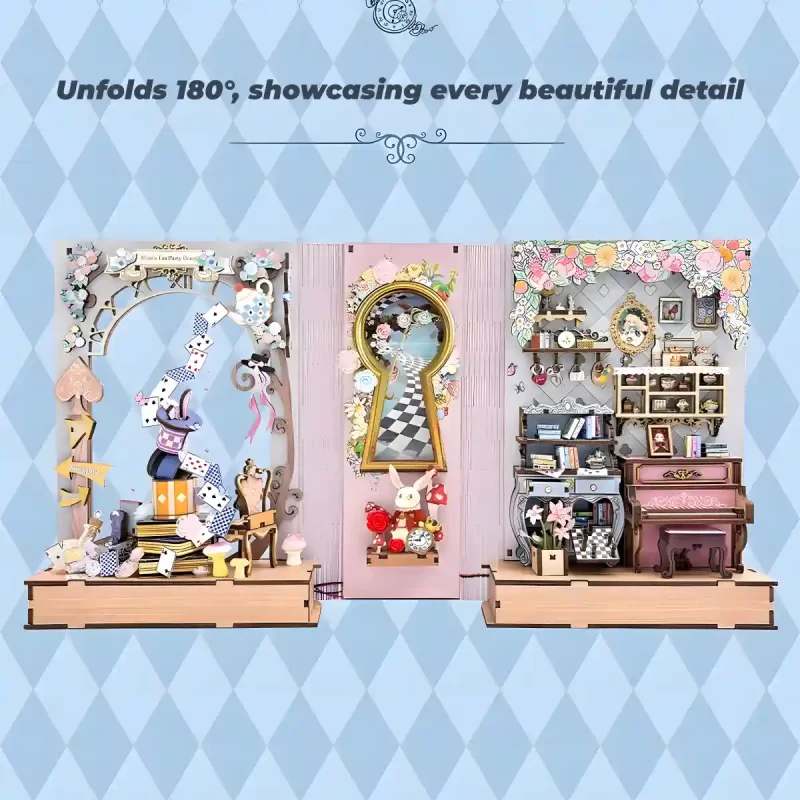 Book nook kit unfolds 180 degrees, three detailed scenes, Alice's Tea Party Diary.