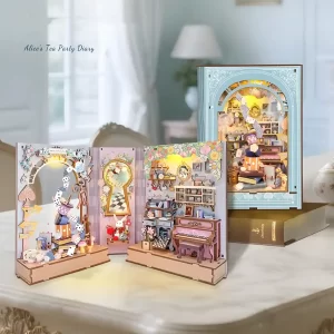 Alice's Tea Party Diary Book Nook Kit open and closed display, DIY book nook kit, fantasy bookshelf decor.
