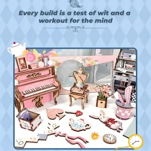 DIY book nook kit components, un-assembled pieces, miniature furniture, whimsical book nook.