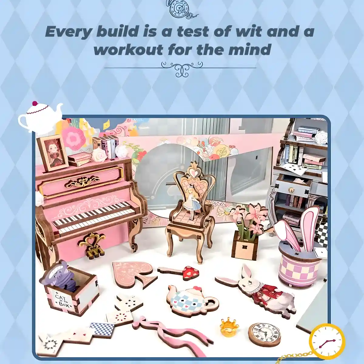 DIY book nook kit components, un-assembled pieces, miniature furniture, whimsical book nook.