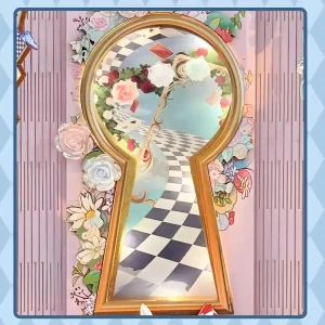 Alice in Wonderland book nook, keyhole gateway, checkerboard path, whimsical book nook.