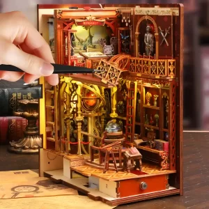 Assembling Century Museum DIY book nook kit, miniature museum, detailed parts, golden celestial globe.