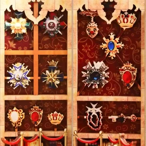 Miniature badges, crests, crowns, DIY book nook, detail display.