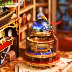 Miniature celestial globe, detailed gears, Century Museum book nook.
