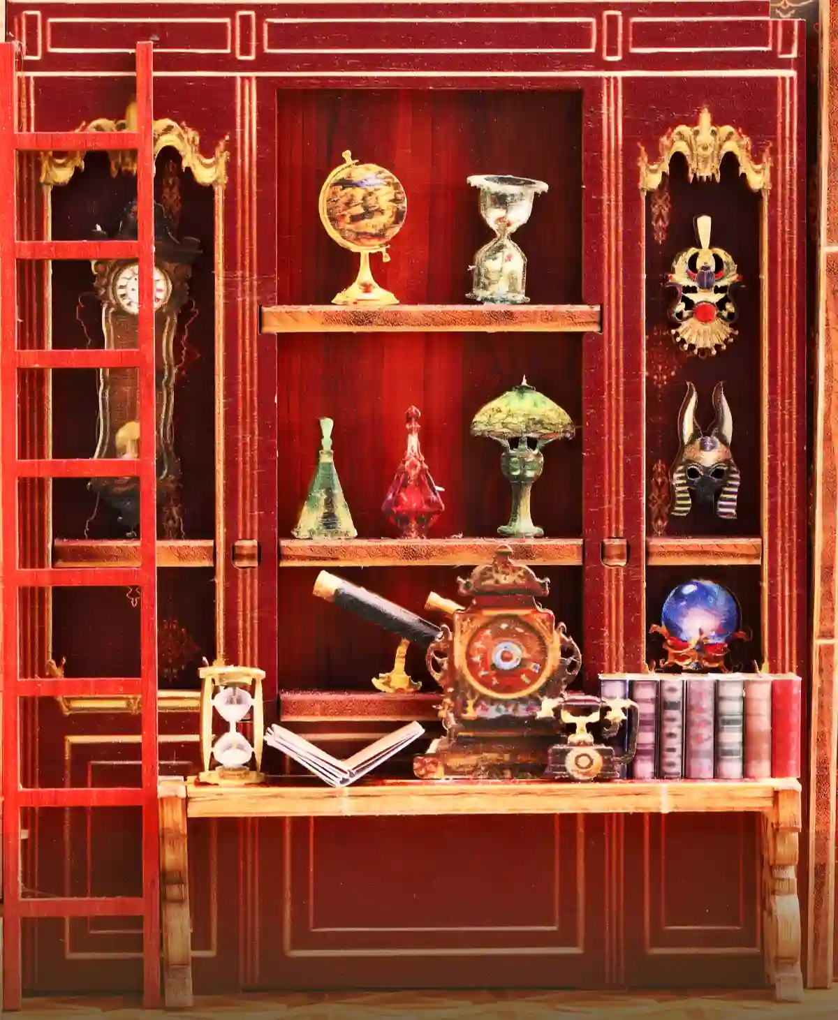 Vintage book nook, miniature collection display, hourglass, telescope, ancient artifacts.