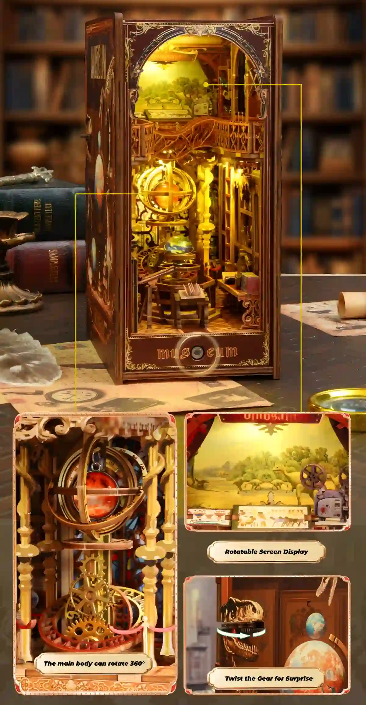 Century Museum book nook, dynamic features, rotatable main body, dinosaur skull.