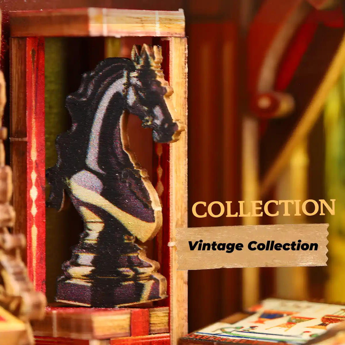 Miniature vintage collection, chess knight, Century Museum book nook.