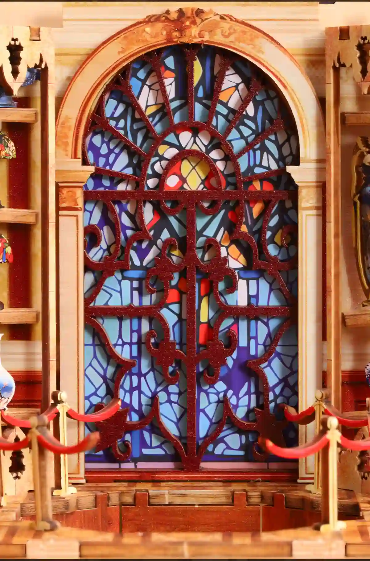Stained-glass-style window, intricate design, Century Museum book nook.