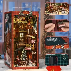 Collage with fine details of the Christmas book nook, including Santa Claus scene.