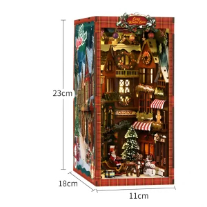 Dimensions of the Christmas Street Corner book nook are shown with measurements.