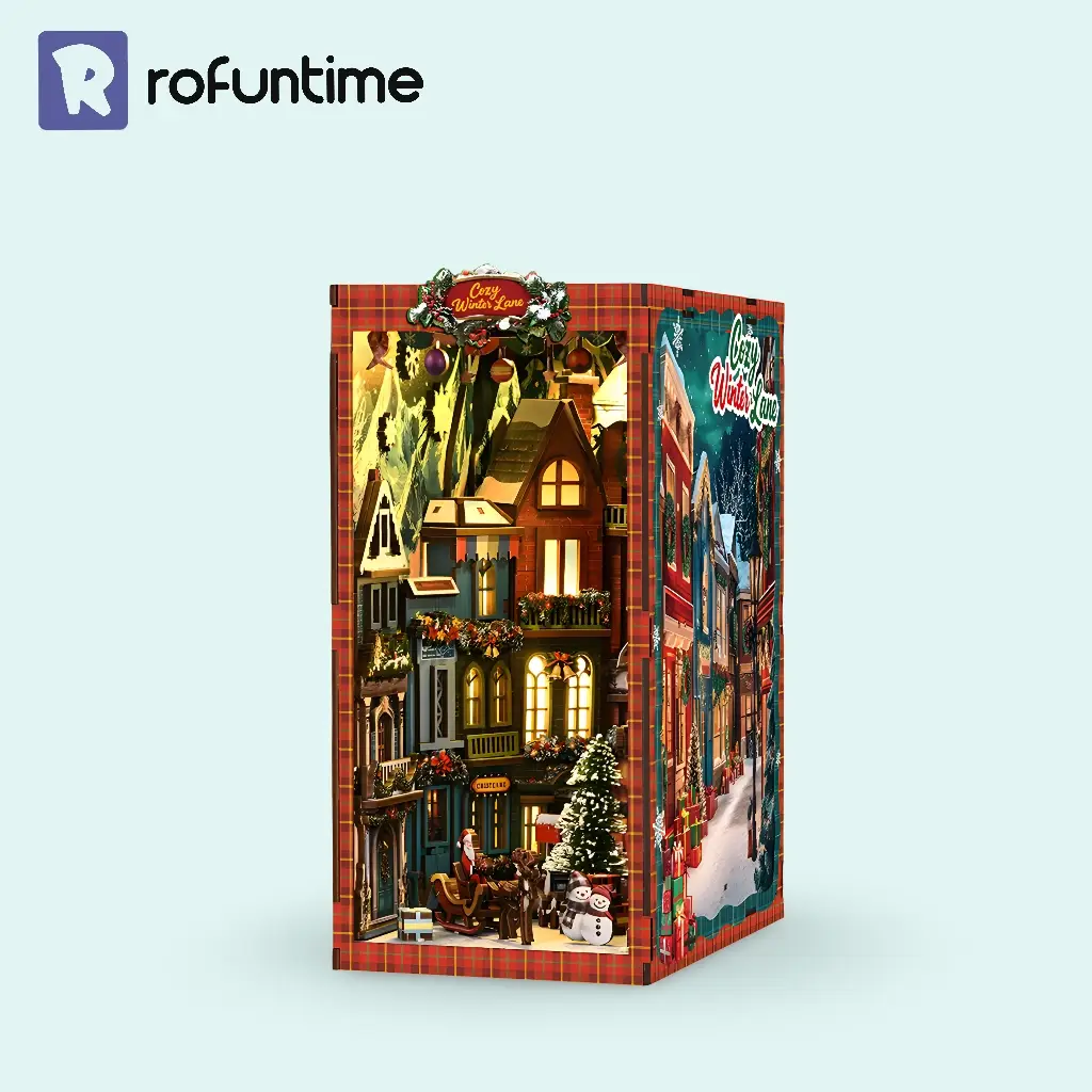 A Christmas Street Corner book nook with Rofuntime logo on a plain background.