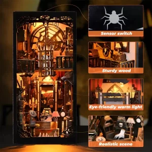 Features of the Dark Family DIY Book Nook Kit, including sensor switch and sturdy wood.