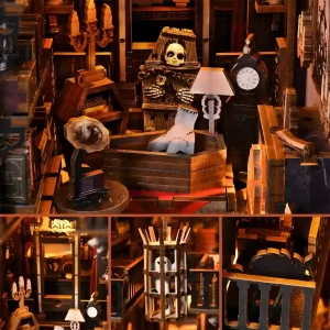 A collage of detailed shots of a Dark Family miniature, a gothic book nook interior.